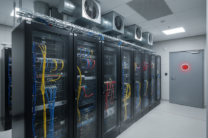 Eine Reihe von Serverschränken mit farbigen Netzwerkkabeln steht in einem klimatisierten Serverraum neben einer grauen Tür mit einem leuchtend roten Warnsignal.
