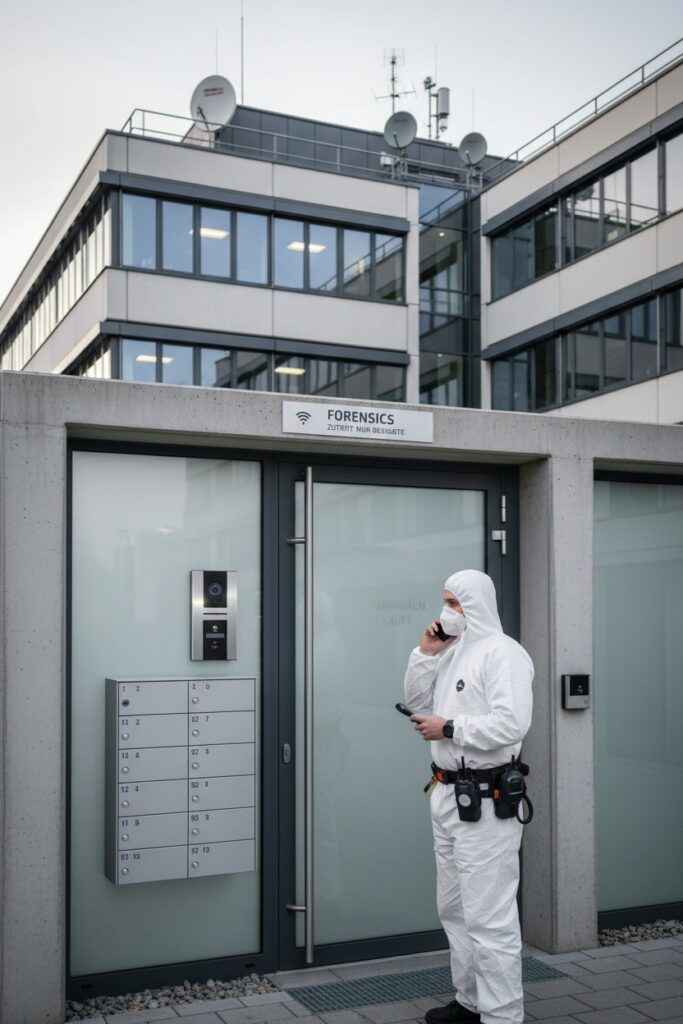 Eine Person in einem weißen Schutzanzug und mit Atemschutzmaske telefoniert vor einem Gebäude mit der Aufschrift „Forensics“.