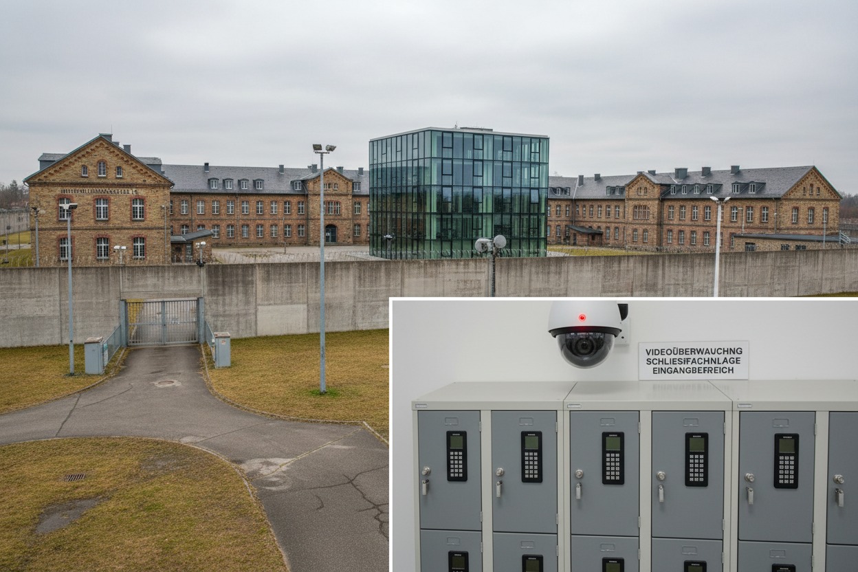 Eine Außenansicht eines Gefängnisses mit einer hohen Mauer und ein kleineres Bild einer Schließfachanlage mit Überwachungskamera.