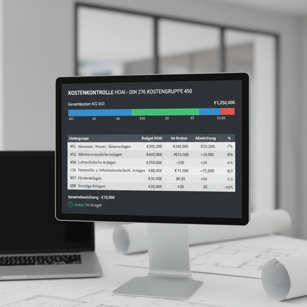 Home Ein Monitor auf einem Schreibtisch zeigt eine digitale Kostenkontrolle für die DIN 276 Kostengruppe 450 mit einer tabellarischen Übersicht der Budget- und Ist-Kosten.